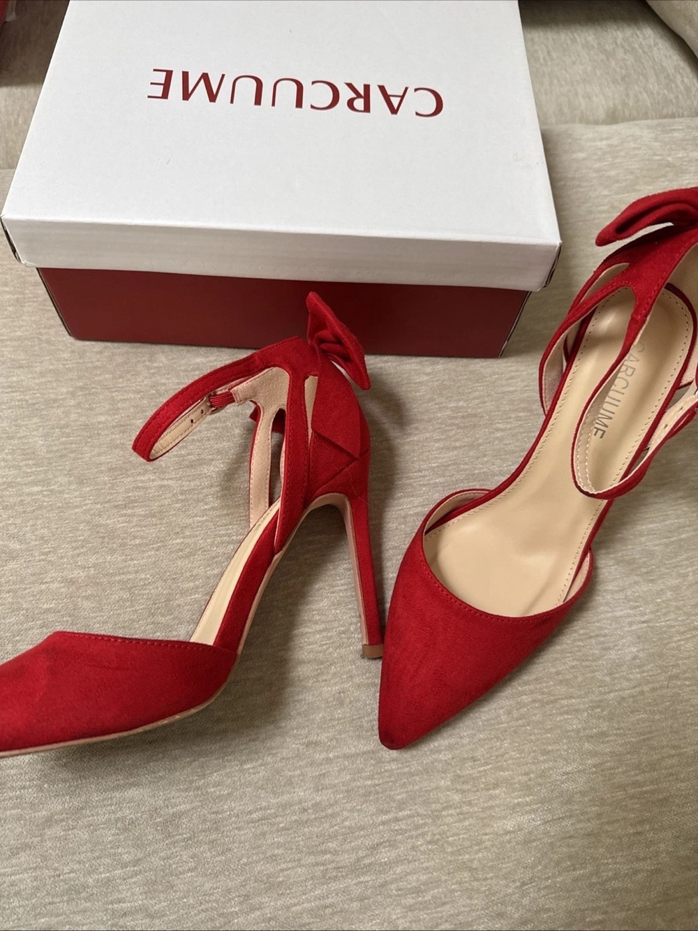 Carcuum Red Suede Pointed-Toe Stiletto Heels with Ankle Bow